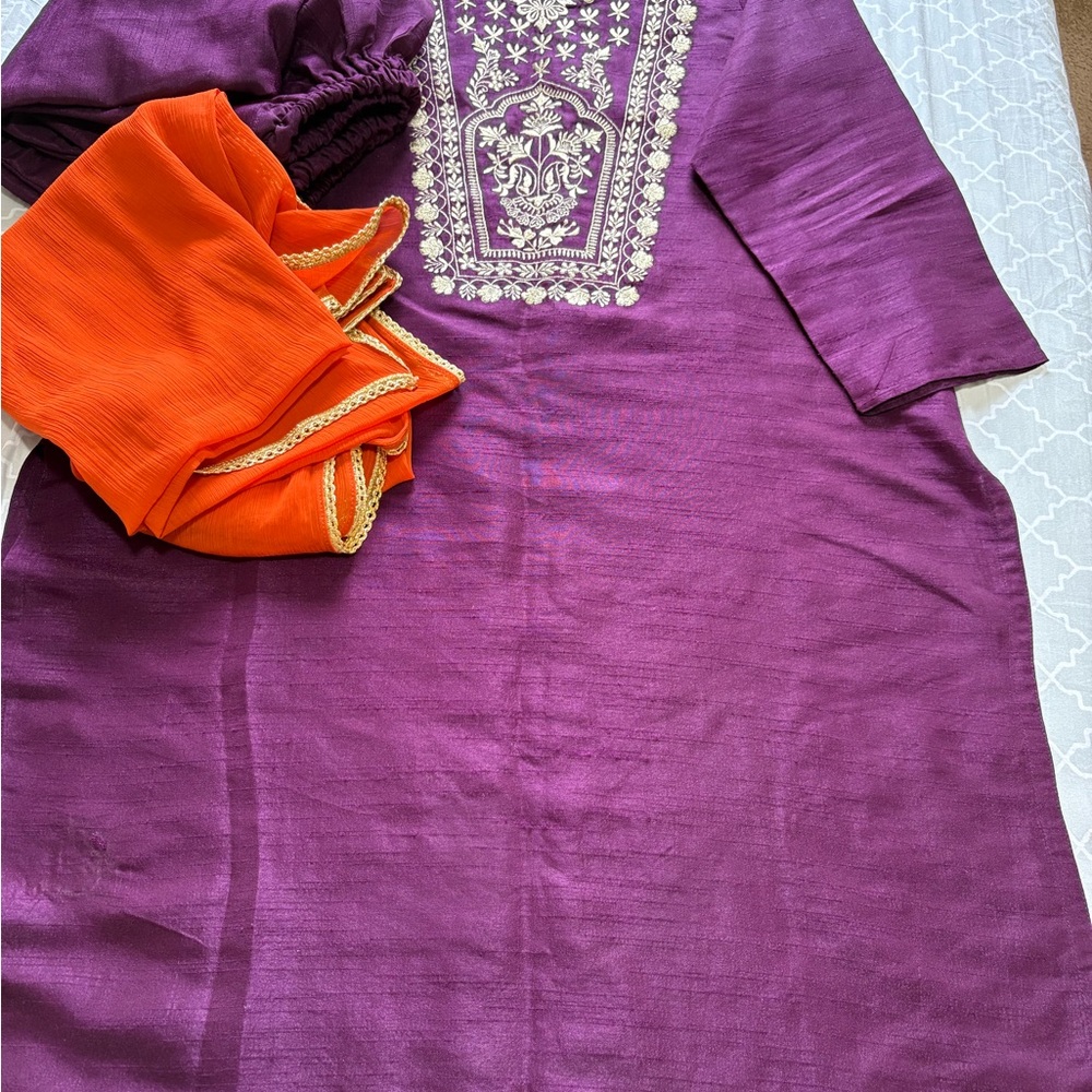 Purple and Orange Embroidered Kurta Set